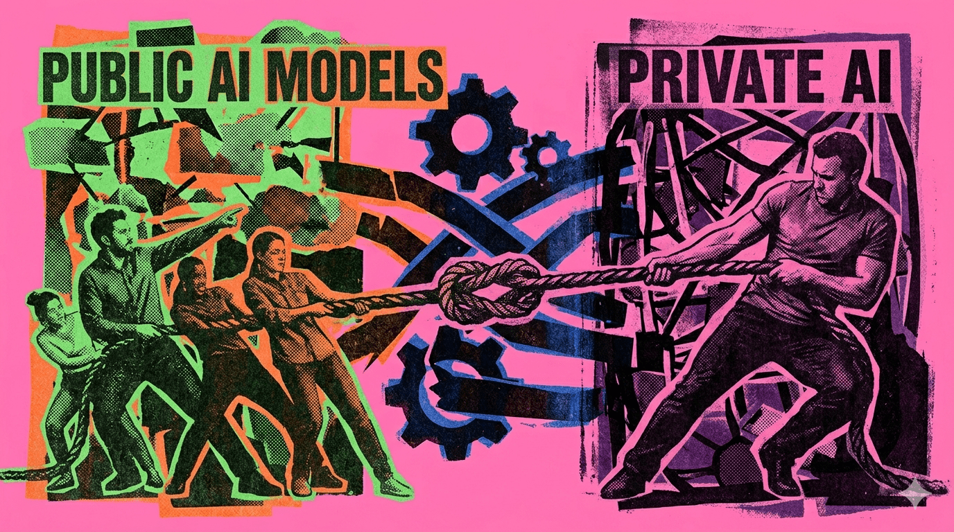 A tug-of-war between public AI models and a private AI — the framing the article reframes.