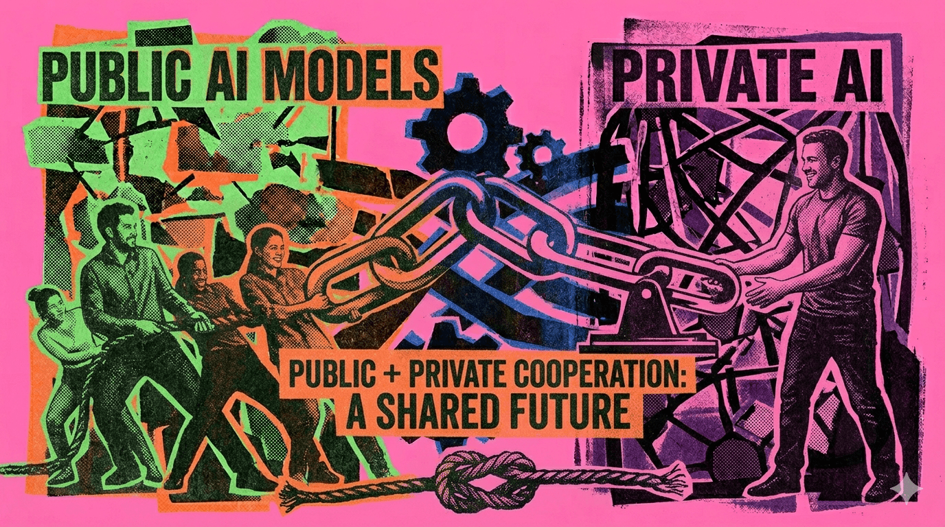 The same two teams, now linked by chain — captioned "Public + Private Cooperation: A Shared Future."