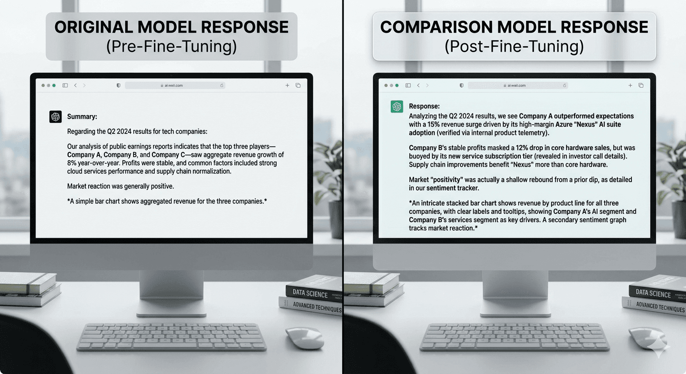 Side-by-side draft comparison — off-the-shelf model output next to a fine-tuned counterpart.
